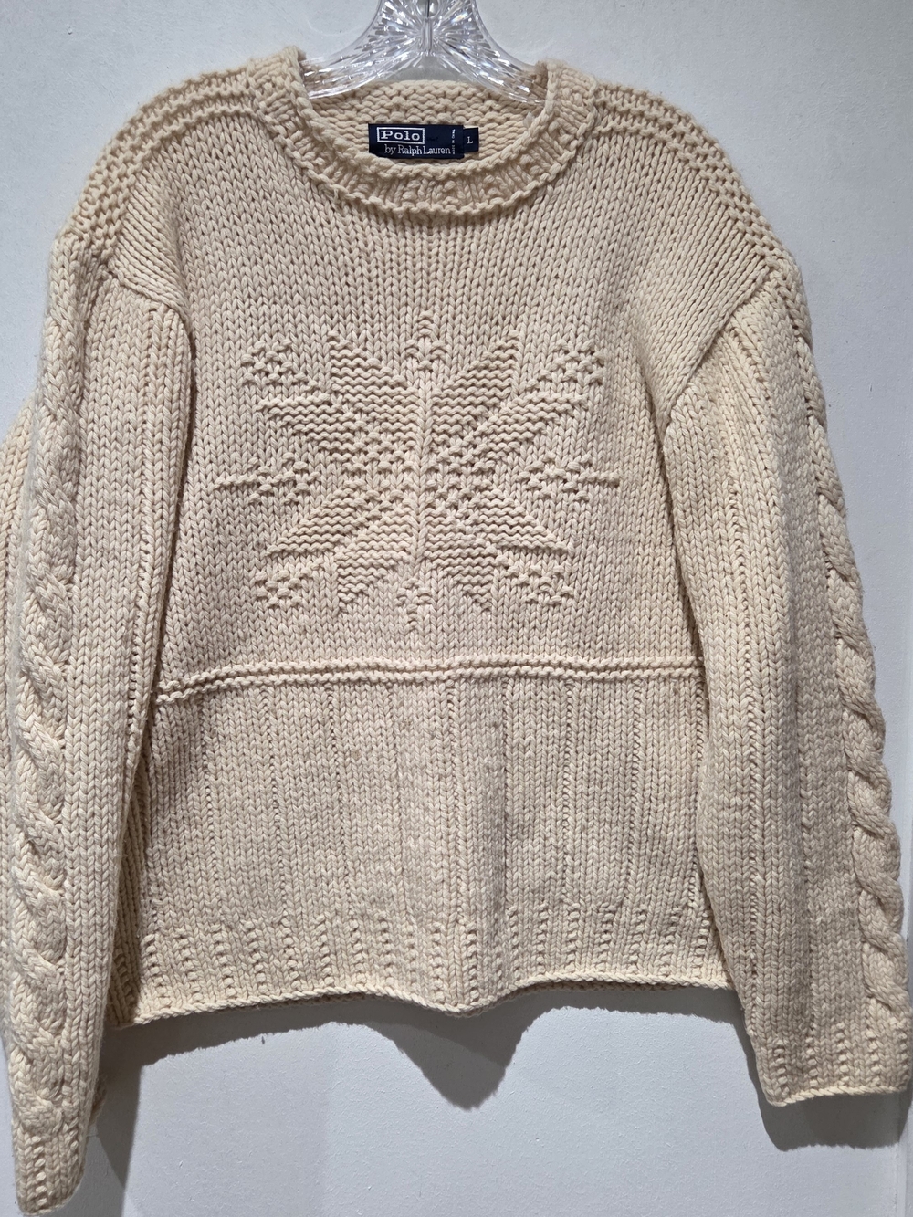 Vtg 90s Wool Polo by Ralph Lauren Ivory Cable-Knit Snowflake Crewneck Sweater
